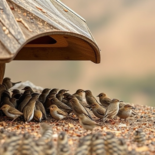 Small birds feeding beneath sloped shelter