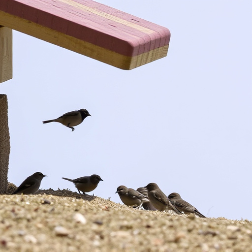Small birds feeding beneath sloped shelter