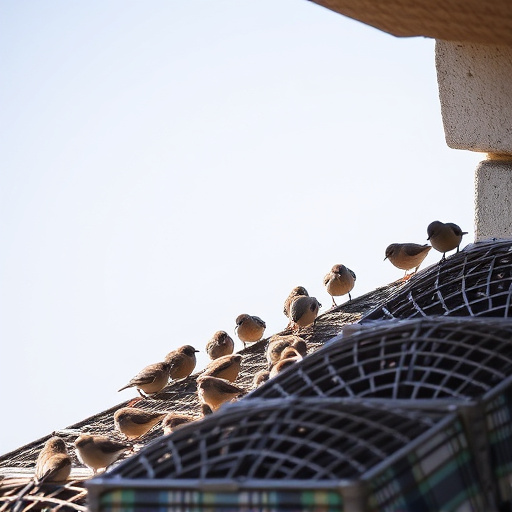 Small birds feeding beneath sloped shelter