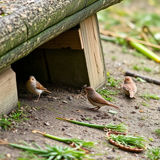 Small birds feeding beneath sloped shelter