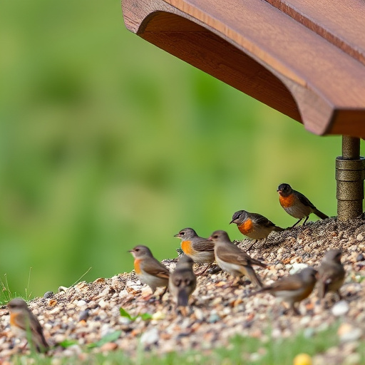 Small birds feeding beneath sloped shelter