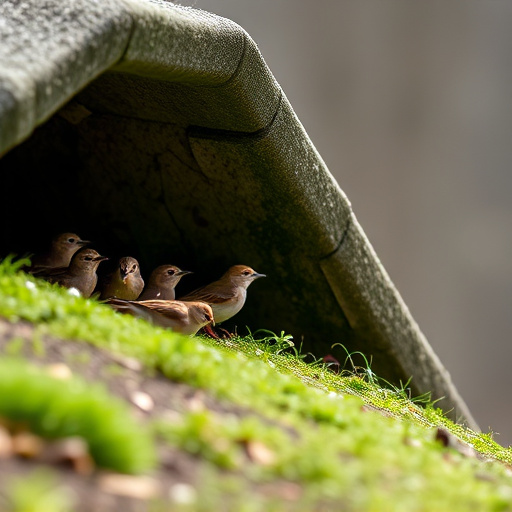 Small birds feeding beneath sloped shelter