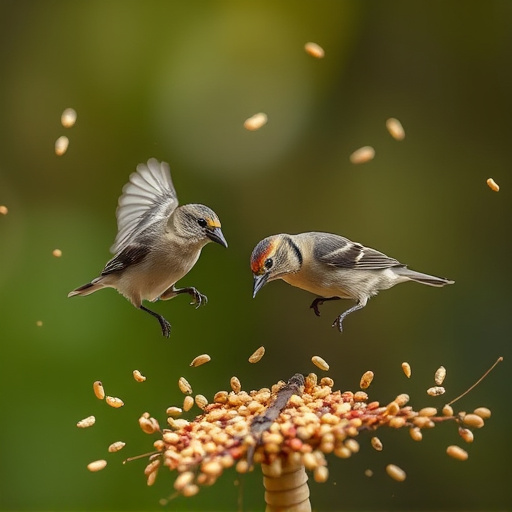 Small birds feeding from scattered seeds