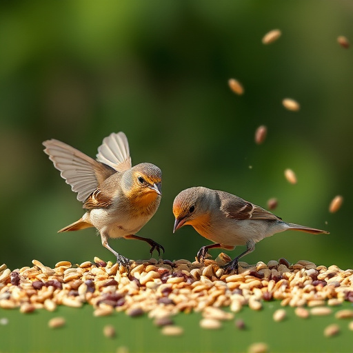 Small birds feeding from scattered seeds