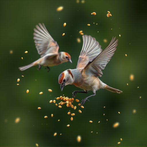 Small birds feeding from scattered seeds