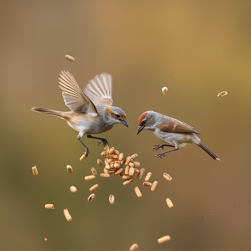 Small birds feeding from scattered seeds