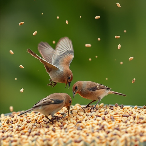 Small birds feeding from scattered seeds