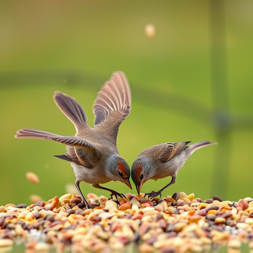 Small birds feeding from scattered seeds