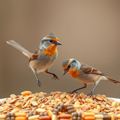 Small birds feeding from scattered seeds