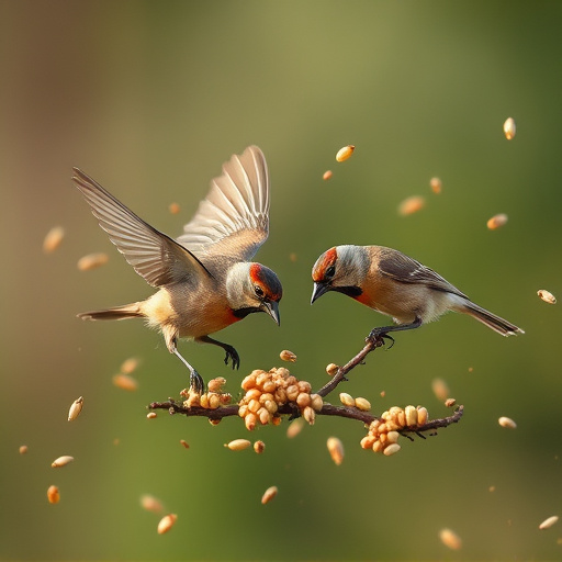 Small birds feeding from scattered seeds