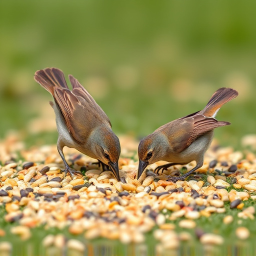 Small birds feeding from scattered seeds