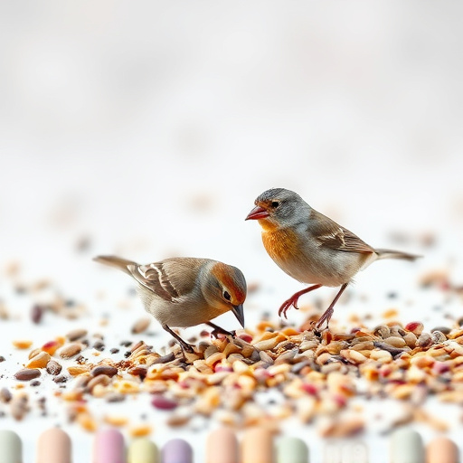 Small birds feeding from scattered seeds