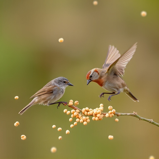 Small birds feeding from scattered seeds