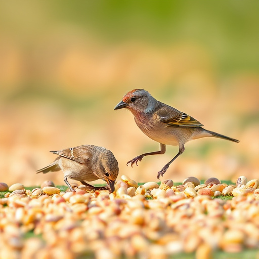 Small birds feeding from scattered seeds