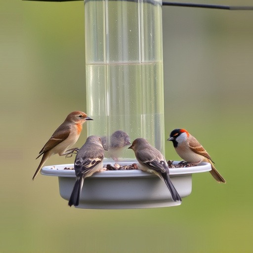 Small birds feeding from specialized feeder