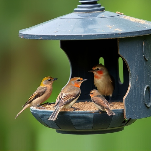 Small birds feeding from specialized feeder