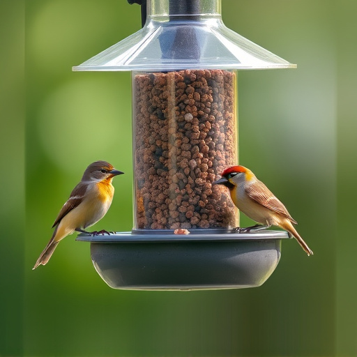 Small birds feeding from specialized feeder