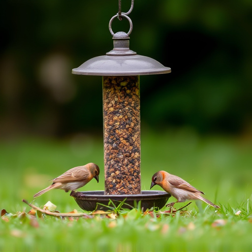 Small birds feeding on ground feeder