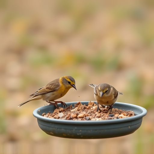 Small birds feeding on ground feeder