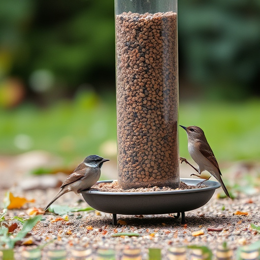 Small birds feeding on ground feeder