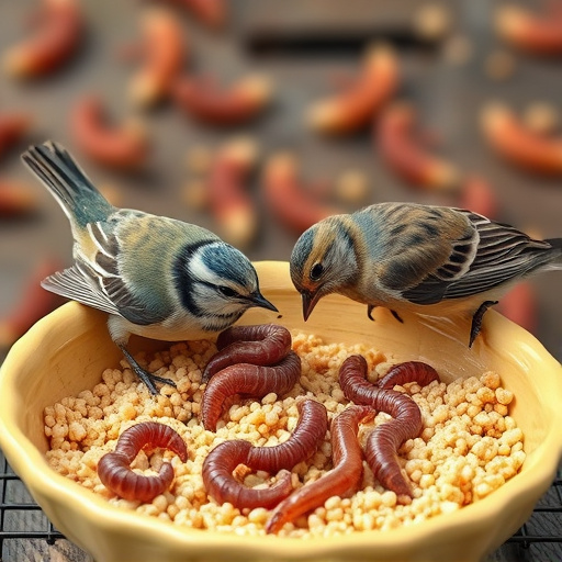 Small birds feeding on mealworms dish