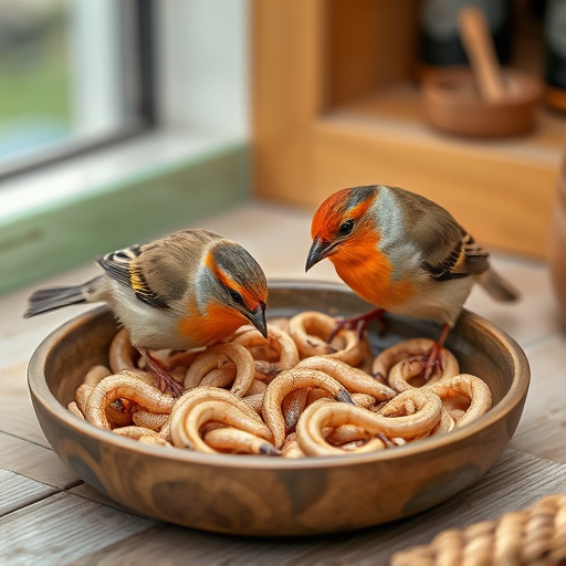 Small birds feeding on mealworms dish