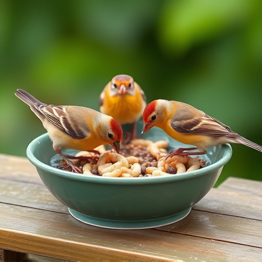 Small birds feeding on mealworms dish