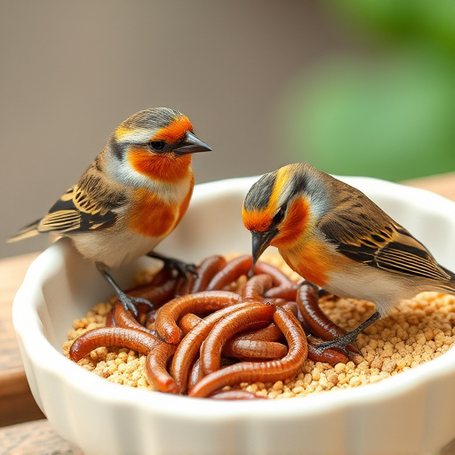 Small birds feeding on mealworms dish
