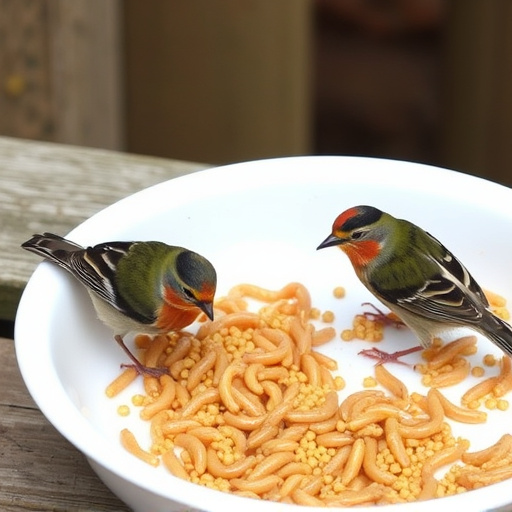 Small birds feeding on mealworms dish
