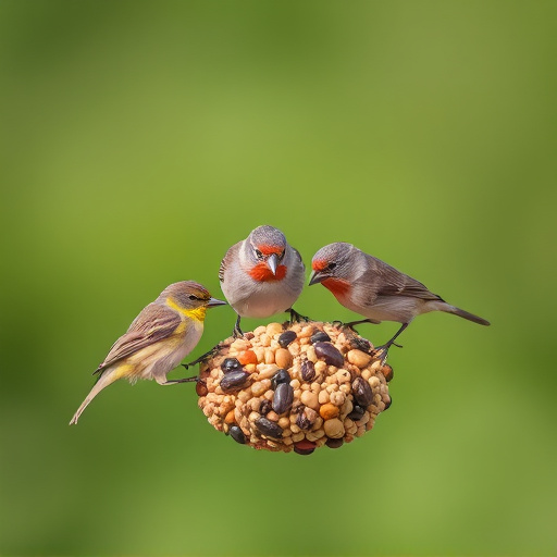 Small birds feeding on seed assortment