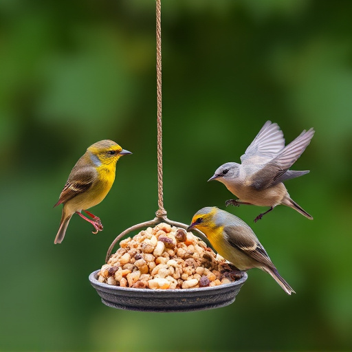 Small birds feeding on seed assortment