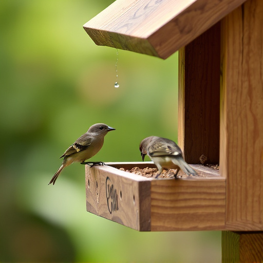 Small birds feeding on wooden station