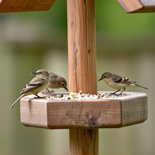 Small birds feeding on wooden station