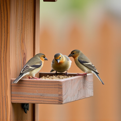 Small birds feeding on wooden station