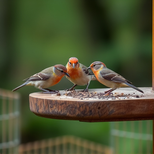 Small birds feeding on wooden station