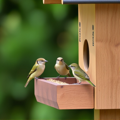 Small birds feeding on wooden station
