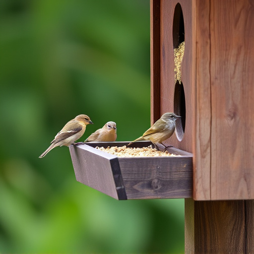 Small birds feeding on wooden station