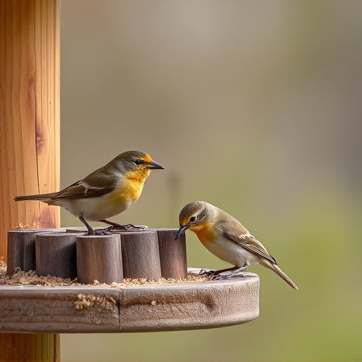 Small birds feeding on wooden station