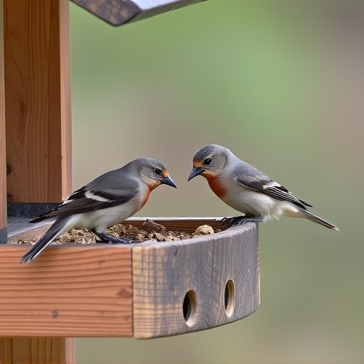 Small birds feeding on wooden station