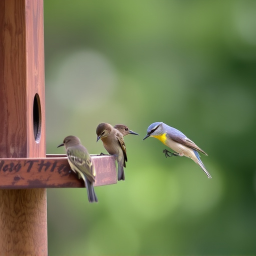 Small birds feeding on wooden station