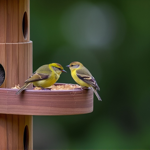 Small birds feeding on wooden station