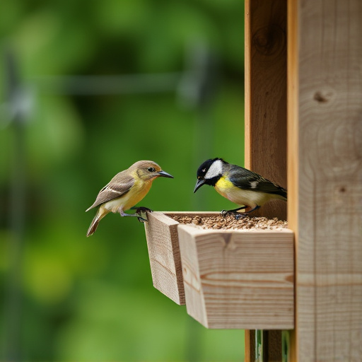 Small birds feeding on wooden station