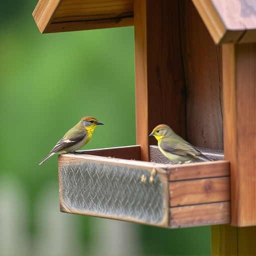 Small birds feeding on wooden station