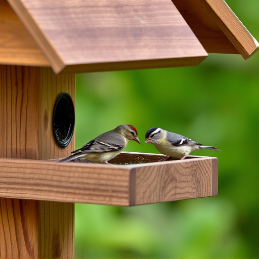 Small birds feeding on wooden station