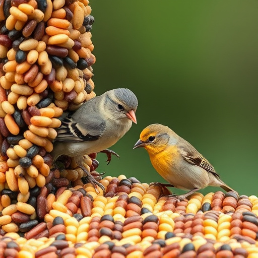 Small birds pecking at seed assortment