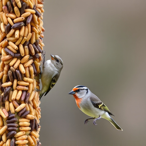 Small birds pecking at seed assortment