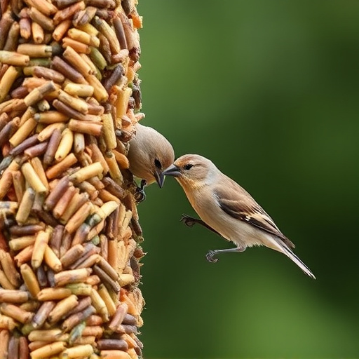 Small birds pecking at seed assortment