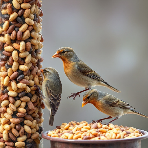Small birds pecking at seed assortment