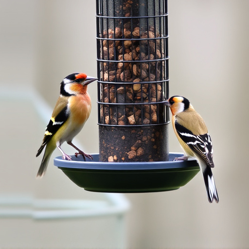 Small finches eating from garden feeder