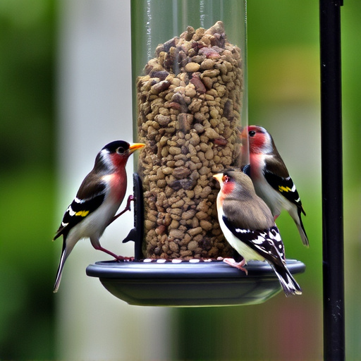 Small finches eating from garden feeder